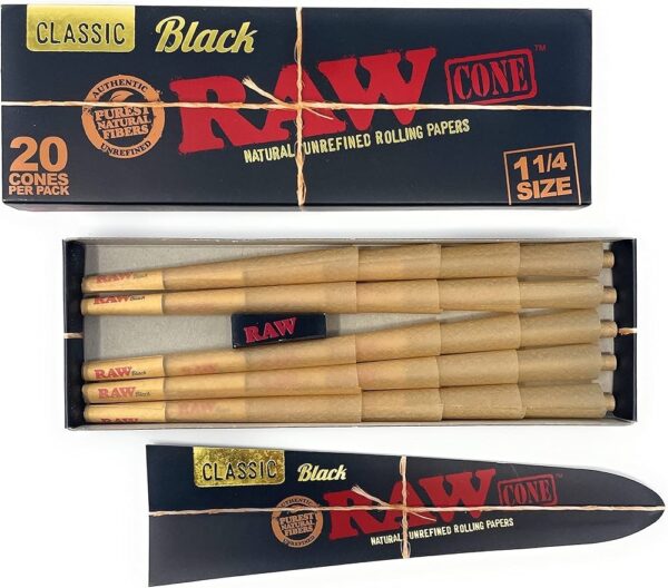 RAW Black 1 1/4 Size Pre Rolled Cones (20ct)